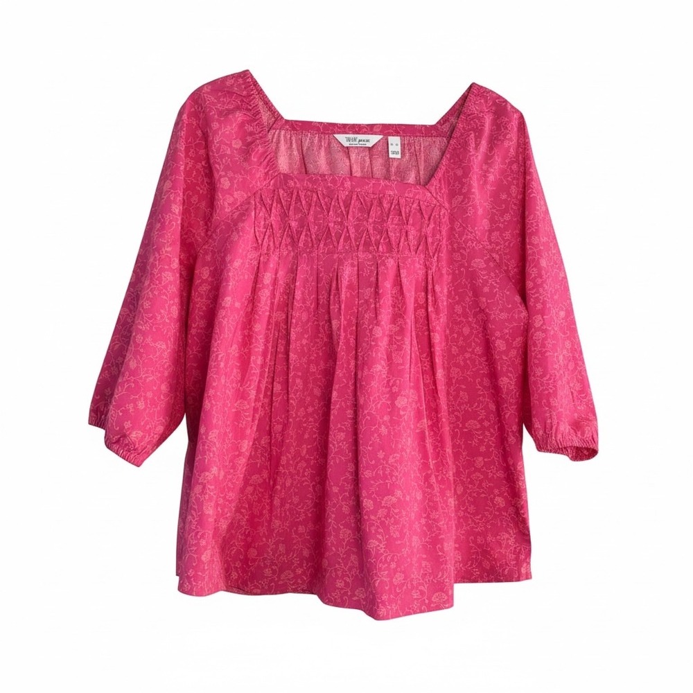 Denim & Co Pink Floral Smocked Square Neck 3/4 Sleeve Blouse A647747 Large